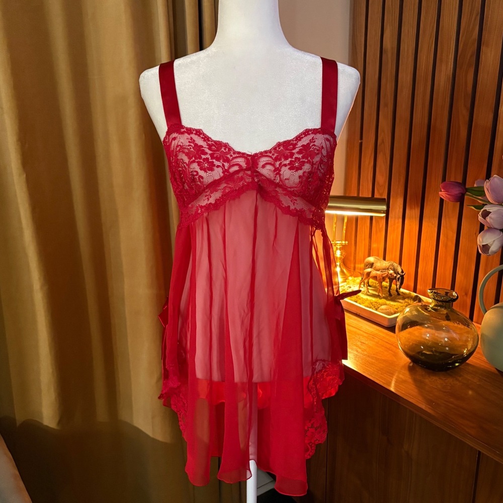 Victorias Secret Red Lace‎ Mesh Babydoll Slip Dress Satin Bows Medium Lingerie